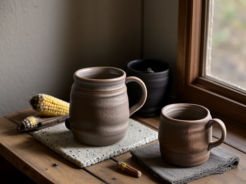 Taza de cerámica artesanal sobre un escritorio de ilustración desordenado con luz natural