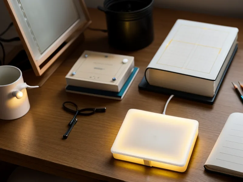 Panel LED pequeño y cámara Fujifilm X-T20 sobre escritorio de madera con bocetos