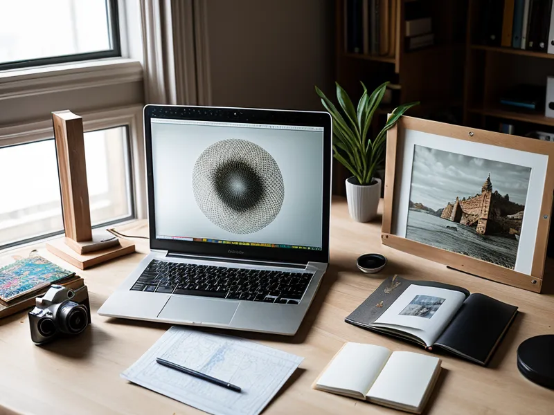 Laptop mostrando curso de fotografía de Hotmart junto a accesorios de cámara y bocetos.