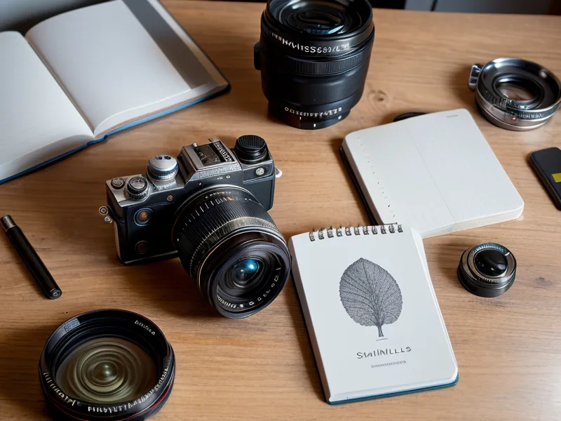 Cámara mirrorless y flash de zapata junto a bocetos de etiquetas de mermelada, ejemplo de fotografía de producto para principiantes