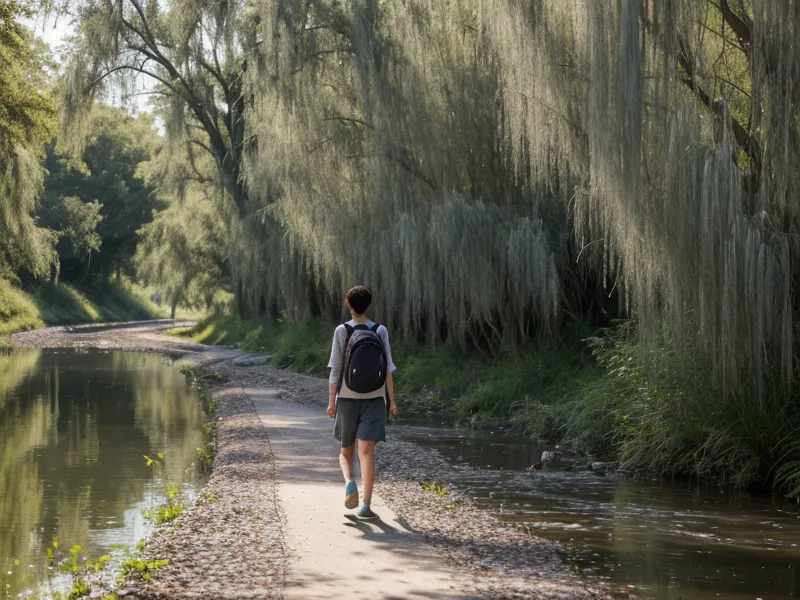 Persona caminando por el río Tomebamba con una mochila urbana discreta.