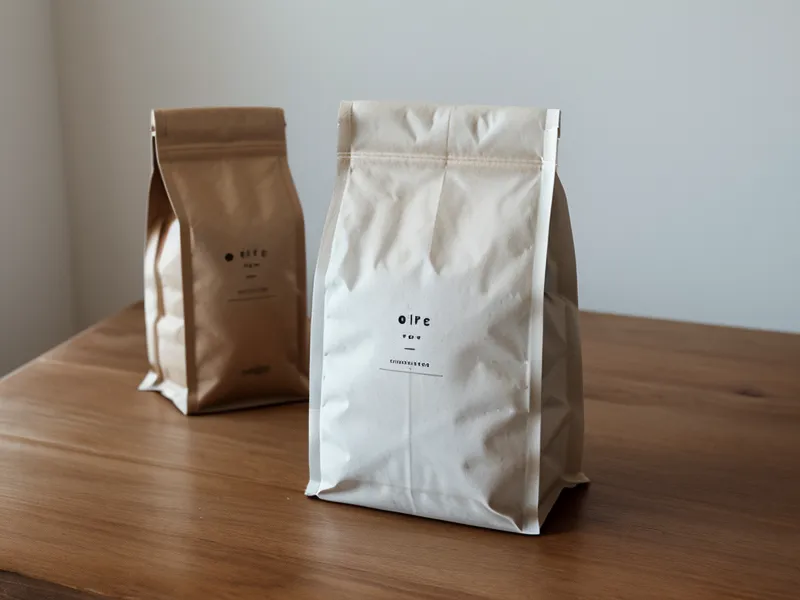 Primer plano de empaque de café minimalista y cámara Fujifilm X-T20 en luz natural.