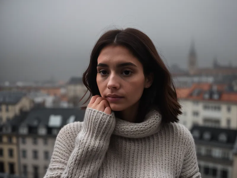 Manos de mujer sosteniendo cámara Fujifilm con fondo de tejados de Cuenca en la lluvia.