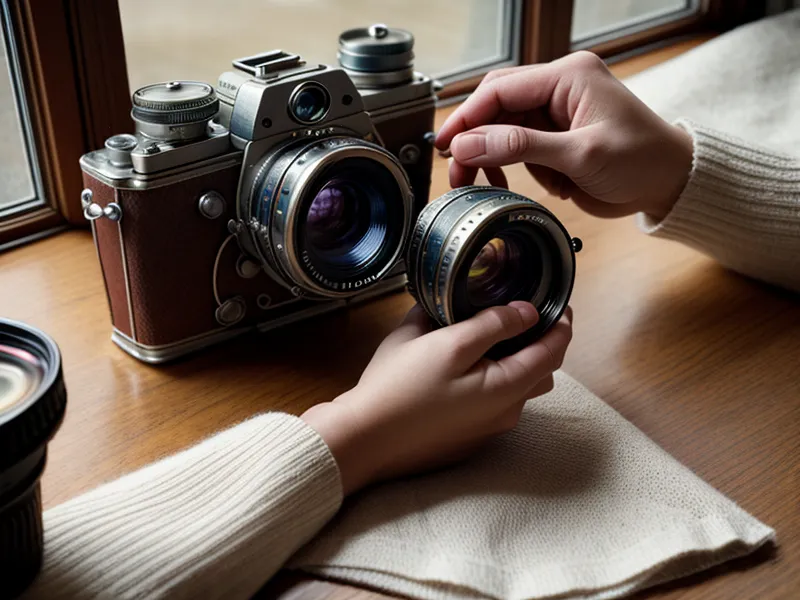 Manos ajustando un lente de 35mm junto a una ilustración de etiqueta en una servilleta.