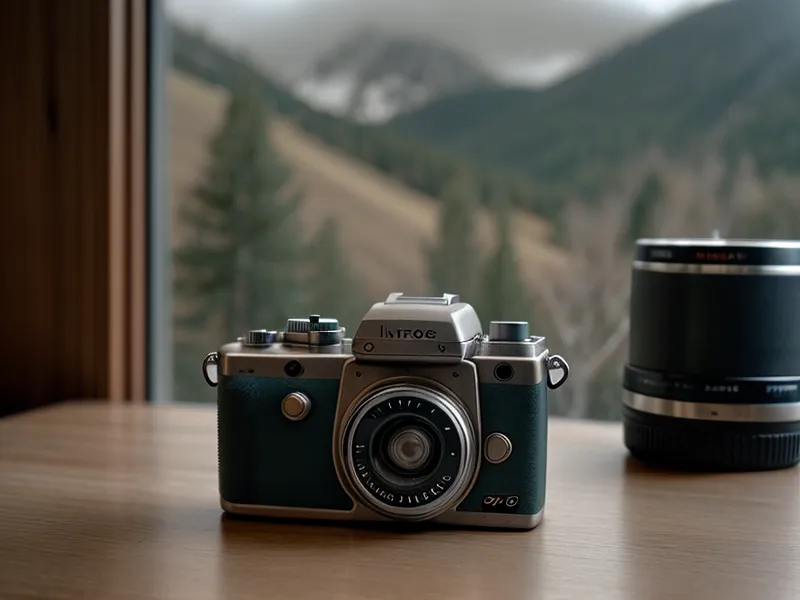 Primer plano de cámara mirrorless junto a una taza de té en ambiente acogedor.